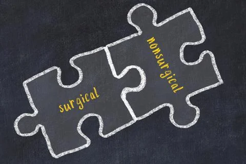 Ploblem solving. Chalk sketch of two puzzles with words surgical and nonsurgi イラスト素材