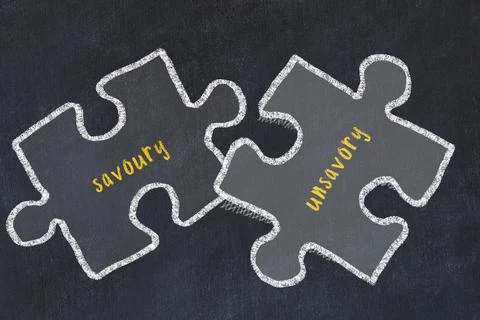 Ploblem solving. Chalk sketch of two puzzles with words savoury and unsavory  Stock Illustration