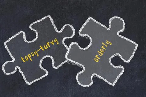 Ploblem solving. Chalk sketch of two puzzles with words topsy-turvy and order 스톡 일러스트