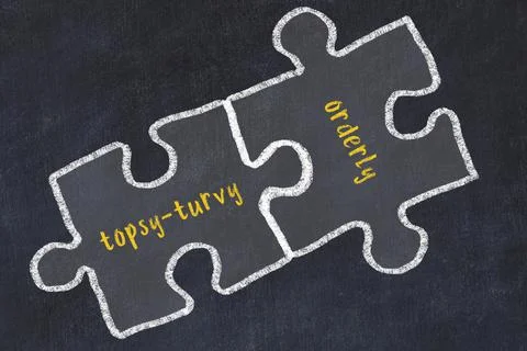 Ploblem solving. Chalk sketch of two puzzles with words topsy-turvy and order Stock Illustration