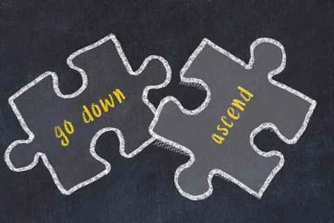 Ploblem solving. Chalk sketch of two puzzles with words go down and ascend on Stock Illustration