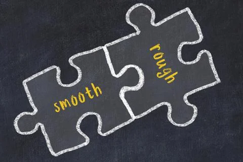 Ploblem solving. Chalk sketch of two puzzles with words smooth and rough on b Stock Illustration