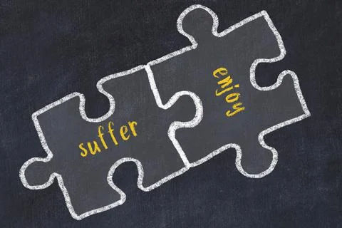 Ploblem solving. Chalk sketch of two puzzles with words suffer and enjoy on b Stock Illustration