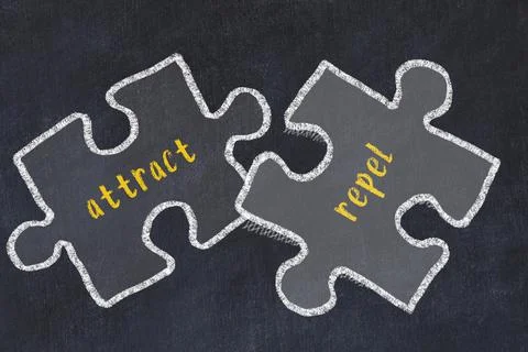 Ploblem solving. Chalk sketch of two puzzles with words attract and repel on  Stock Illustration