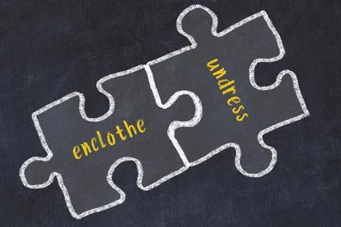 Ploblem solving. Chalk sketch of two puzzles with words enclothe and undress  Stock Illustration