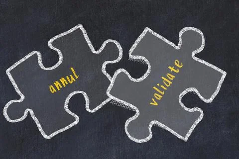 Ploblem solving. Chalk sketch of two puzzles with words annul and validate on Stock Illustration