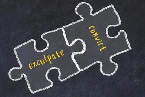 Ploblem solving. Chalk sketch of two puzzles with words exculpate and convict イラスト素材