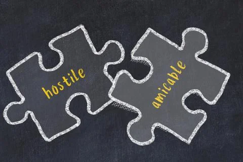 Ploblem solving. Chalk sketch of two puzzles with words hostile and amicable  Stock Illustration