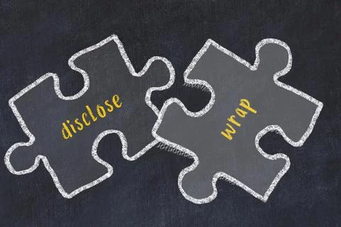 Ploblem solving. Chalk sketch of two puzzles with words disclose and wrap on  Stock Illustration