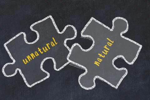 Ploblem solving. Chalk sketch of two puzzles with words unnatural and natural Stock Illustration