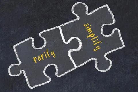 Ploblem solving. Chalk sketch of two puzzles with words rarify and simplify o Stock Illustration