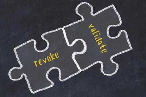 Ploblem solving. Chalk sketch of two puzzles with words revoke and validate o Stock Illustration
