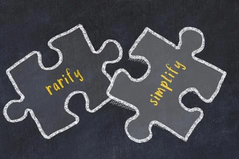Ploblem solving. Chalk sketch of two puzzles with words rarify and simplify o Stock Illustration