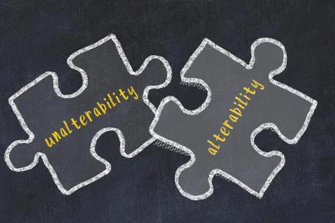 Ploblem solving. Chalk sketch of two puzzles with words unalterability and al Stock Photos