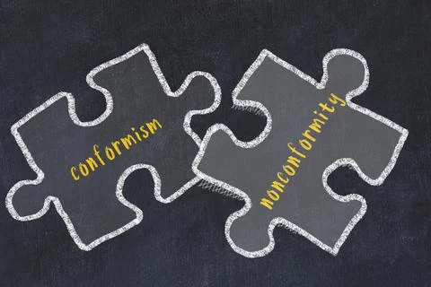 Ploblem solving. Chalk sketch of two puzzles with words conformism and noncon Stock Photos