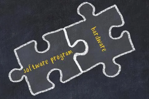 Ploblem solving. Chalk sketch of two puzzles with words software program and  Fotos de archivo