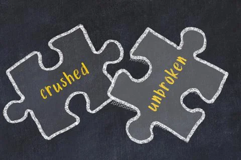 Ploblem solving. Chalk sketch of two puzzles with words crushed and unbroken  Stock Photos