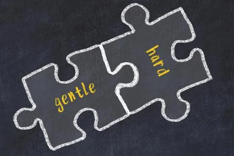 Ploblem solving. Chalk sketch of two puzzles with words gentle and hard on bl Stock Photos
