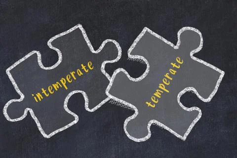 Ploblem solving. Chalk sketch of two puzzles with words intemperate and tempe Stock Photos