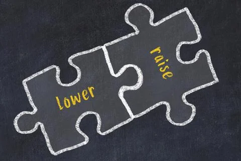 Ploblem solving. Chalk sketch of two puzzles with words lower and raise on bl Stock Photos