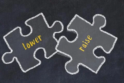 Ploblem solving. Chalk sketch of two puzzles with words lower and raise on bl Stock Photos