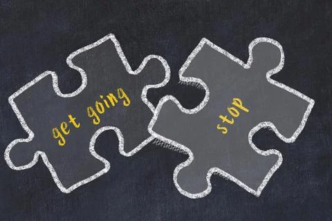 Ploblem solving. Chalk sketch of two puzzles with words get going and stop on Stock Photos