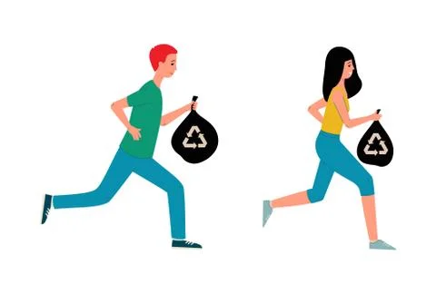 Plogging couple running with black trash bags with recycling symbol Ilustração Stock