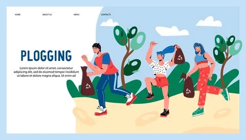 Plogging environmental volunteering event website banner vector. Stock Illustration