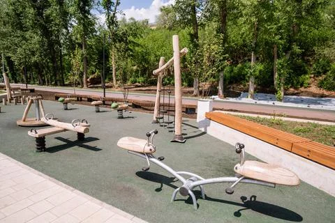 Plot city promenade with a playground Stock Photos
