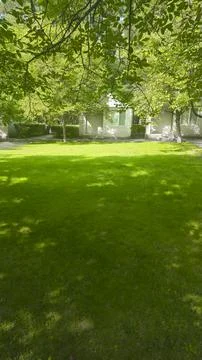 Plot with decorative grass and white houses for recreation. Tourist recreatio Stock Photos