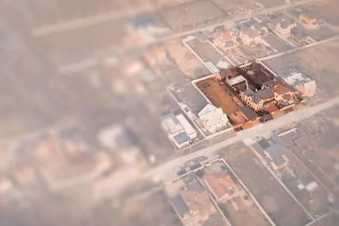 Plot with a house on a translucent blurred overlay - aerial view Fotos de archivo