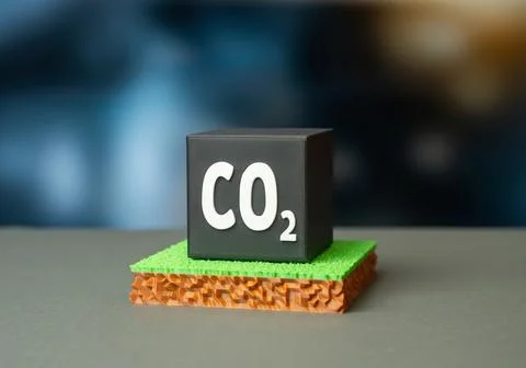 A plot of land and a black CO2 cube. Carbon dioxide emission quotas. CO2 rete Stock Photos