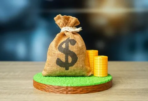 A plot of land and a dollar money bag. Land value, determining the value of t Stock Photos