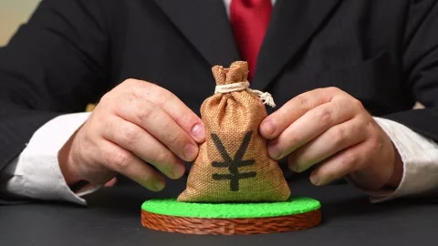 A plot of land and a yen or yuan money bag. Land purchase. Valuation. Leasing a Stock Footage 348067273