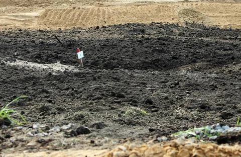Plot of land, covered with peat, which is dug out the earth excavator in p... 写真素材