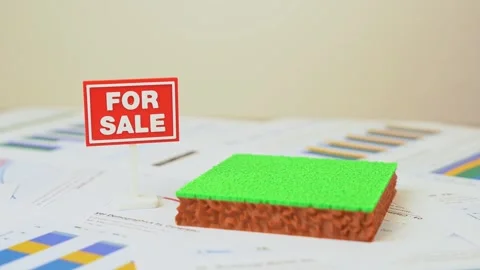 A plot of land for sale is on the reports and charts. The plot area has a green Stock Footage 335836970