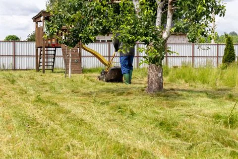 A plot with a playground and trees, mowing the lawn grass Stock Photos
