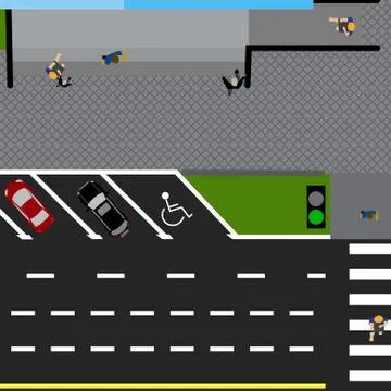 Plot road, highway, street, with the store. With a variety of cars in the p.. Ilustración de archivo