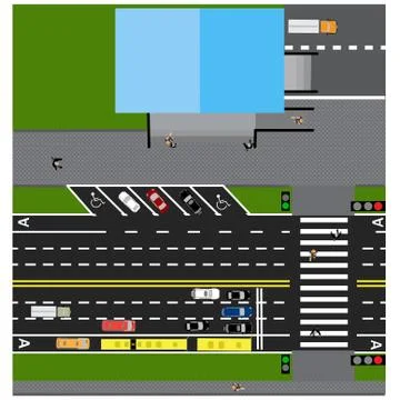 Plot road, highway, street, with the store. With different cars. Crossing a.. Ilustración de archivo