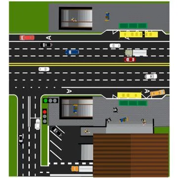 Plot road, highway, street, with the store. Underground crossing. Crossroad.. Ilustración de archivo