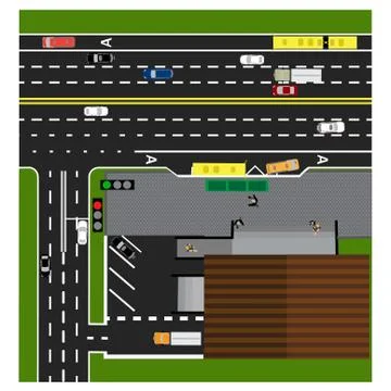 Plot road, highway, street, with the store. Crossroads. Bus stop. With diff.. Ilustración de archivo