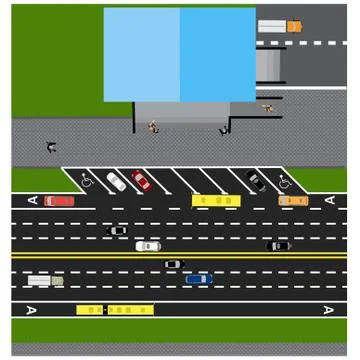 Plot road, highway, street, with the store. With different cars. Congestion.. Ilustración de archivo