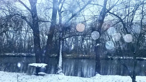 Plotagraph - winter lake with falling snow and spakling lights Stock-Footage 100794859
