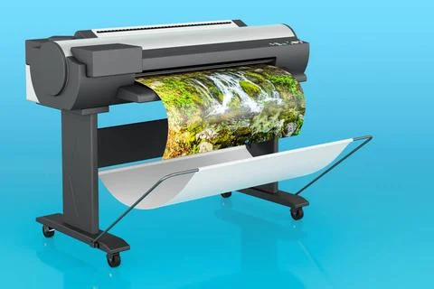 Plotter, Großformat-Tintenstrahldrucker auf blauem Hintergrund, 3D-Renderi.. Foto stock