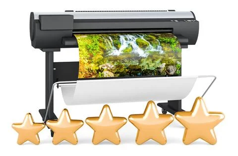 Plotter, Großformat-Tintenstrahldrucker mit fünf goldenen Sternen, 3D-Rend. Stock Photos