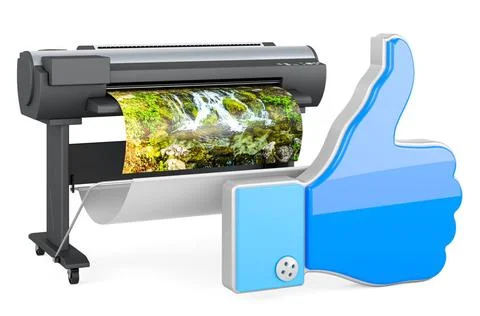 Plotter, Großformat-Tintenstrahldrucker mit Like-Icon, 3D-Rendering Plotte.. Stock Photos