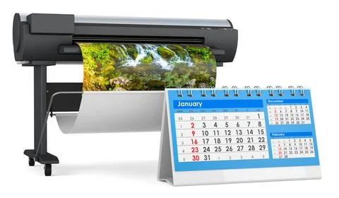 Plotter, Großformat-Tintenstrahldrucker mit Tischkalender, 3D-Rendering Pl.. Stock Photos