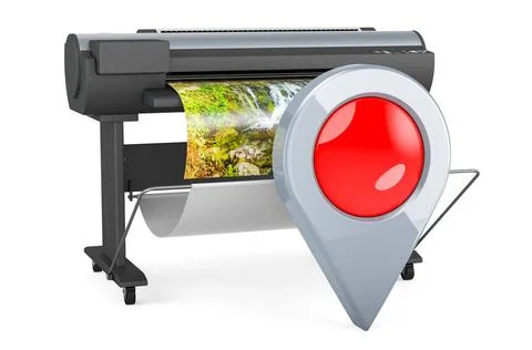 Plotter, großformatiger Tintenstrahldrucker mit Kartenzeiger. 3D-Rendering.. Fotos de archivo
