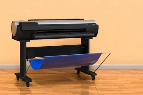Plotter, large format inkjet printer in room near wall, 3D rendering Ilustración de archivo