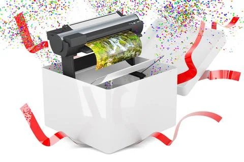 Plotter, large format inkjet printer inside gift box, 3D rendering Ilustración de archivo